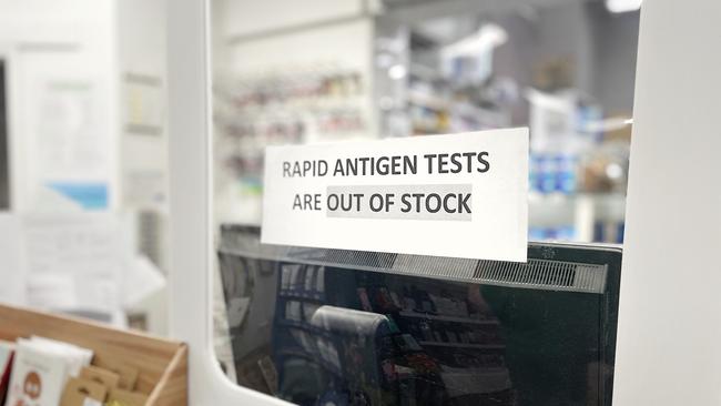 A sign at Annandale Pharmacy in Annandale in Sydneys inner west where RAT's sell for $19.95 for 1 test of $89 dollars for 5. Picture: Richard Dobson