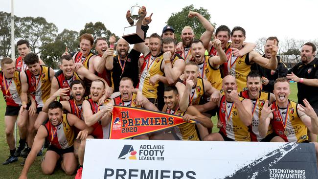 Goodwood Saints celebrate winning the 2020 Adelaide Footy League division one premiership. Picture Dean Martin