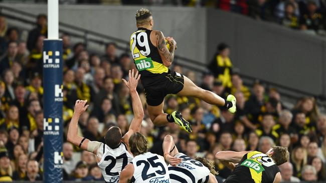 Shai Bolton shot into the clouds to take this spectacular grab. Picture: Quinn Rooney/Getty Images