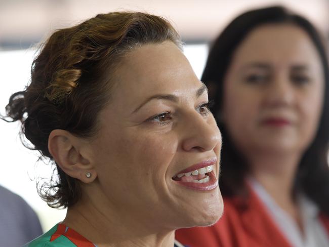 Transport Minister Jackie Trad, pictured (foreground) with Premier Annastacia Palaszczuk, capitulated to the union in Queensland’s ‘rail fail’. Picture: Tracey Nearmy/AAP