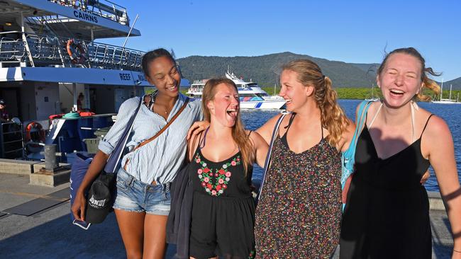 German tourists Lucia Marrala, Carolin Tagscherer, Josephine Loeffler and Marie Schuett after a reef tour. Picture: Brian Cassey