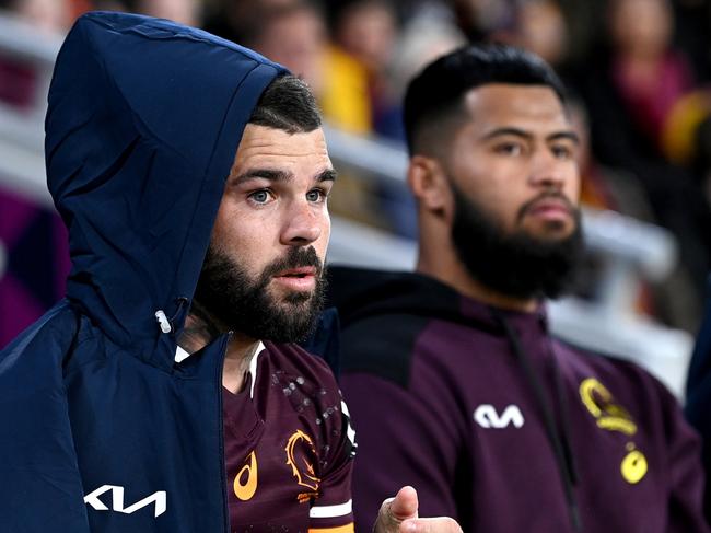 BRISBANE, AUSTRALIA - JUNE 11: Adam Reynolds and Payne Haas of the Broncos are seen on the sideline after being injured during the round 14 NRL match between the Brisbane Broncos and the Canberra Raiders at Suncorp Stadium, on June 11, 2022, in Brisbane, Australia. (Photo by Bradley Kanaris/Getty Images)