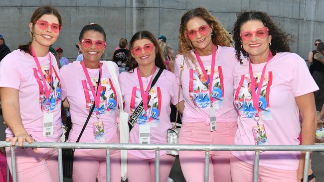 Socials at Pink convert at Townsville's Queensland Country Bank Stadium. Chenoa, Petersen, Kim Petersen, Amelia Wheatley, Leanne Winklel and Michelle Hensby. Picture: Evan Morgan