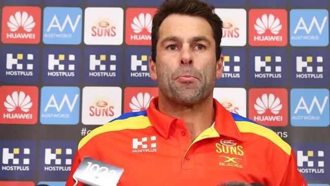 GOLD COAST, AUSTRALIA - AUGUST 10:  Interim coach Dean Solomon speaks to media during a Gold Coast Suns AFL press conference at Metricon Stadium on August 10, 2017 in Gold Coast, Australia.  (Photo by Chris Hyde/Getty Images)