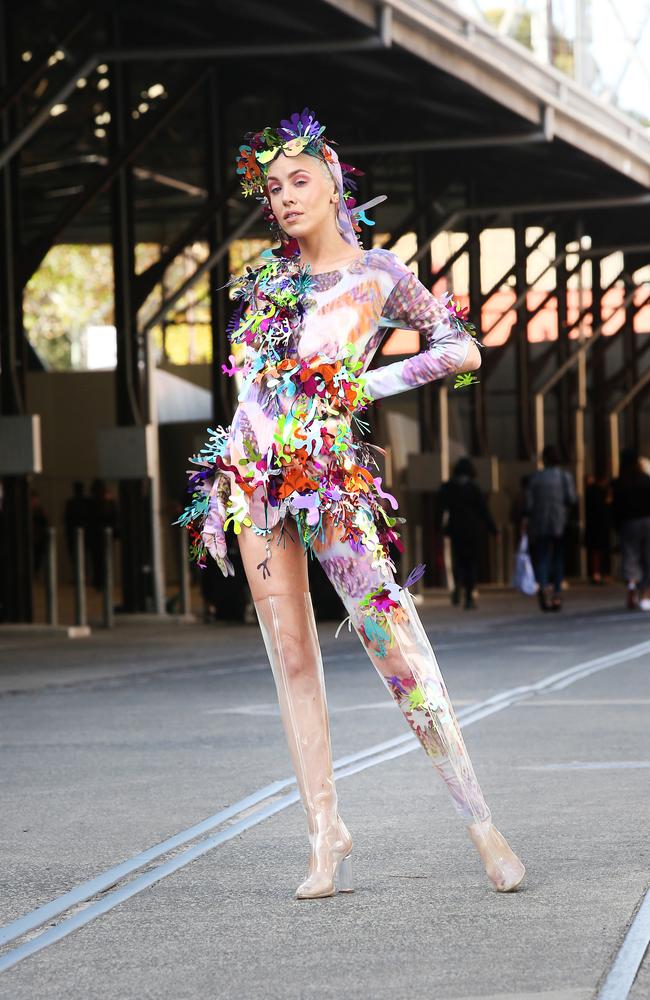 At the FDS: The Innovators resort in 2018 she wore an asymmetrical body suit with clear boots. Picture: Richard Dobson