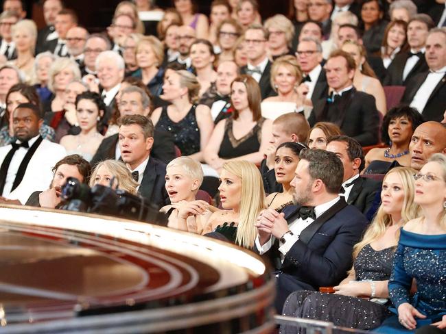 Celebrities including Meryl Streep, The Rock, Matt Damon and Salma Hayek are seen stunned at the unfolding situation. Picture: Al Seib / Los Angeles Times / Polaris /australscope