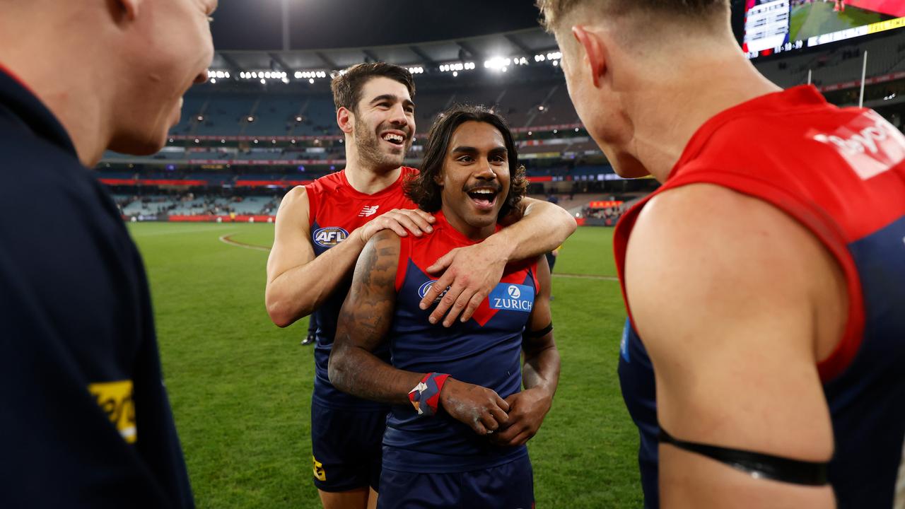 MELBOURNE, AUSTRALIA – AUGUST 13: Christian Petracca (left) and Kysaiah Pickett of the Demons celebrate during the 2022 AFL Round 22 match between the Melbourne Demons and the Carlton Blues at the Melbourne Cricket Ground on August 13, 2022 in Melbourne, Australia. (Photo by Michael Willson/AFL Photos via Getty Images)