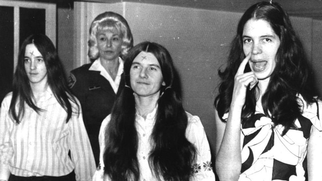 The three Manson 'family' girls. From left: Susan Denise Atkins, Patricia Wrenwinkel and Leslie Van Houten arrive in court in 1971. Picture: Photo United Press International.