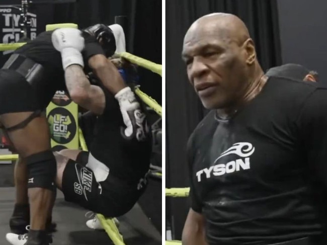 Mike Tyson lands a heavy punch on his sparring partner.