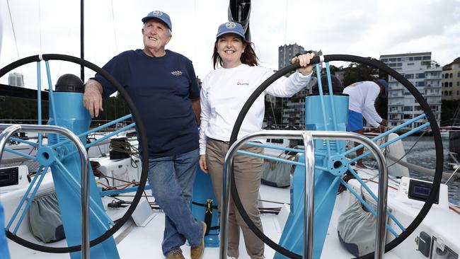 Geoff Hill and daughter Natasha Parker aboard Antipodes at the Cruising Yacht Club at Sydney’s Rushcutters Bay. Picture: Richard Dobson