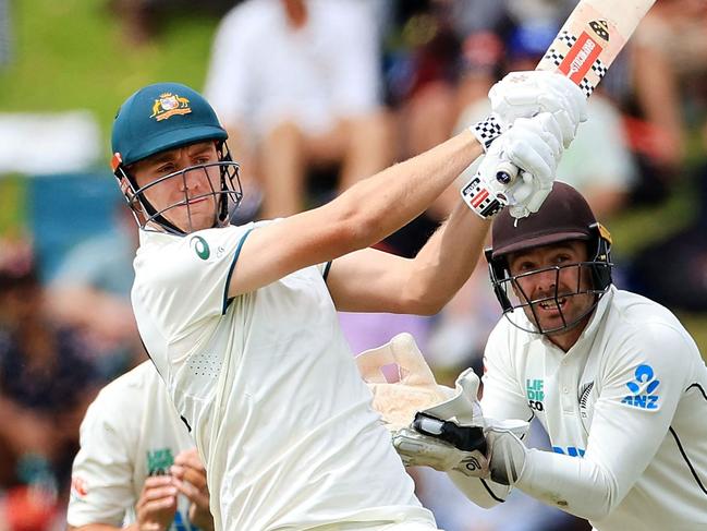 Australia's Cameron Green plays a shot during day two of the 1st International cricket Test match between New Zealand and Australia at the Basin Reserve in Wellington on March 1, 2024. (Photo by Marty MELVILLE / AFP)