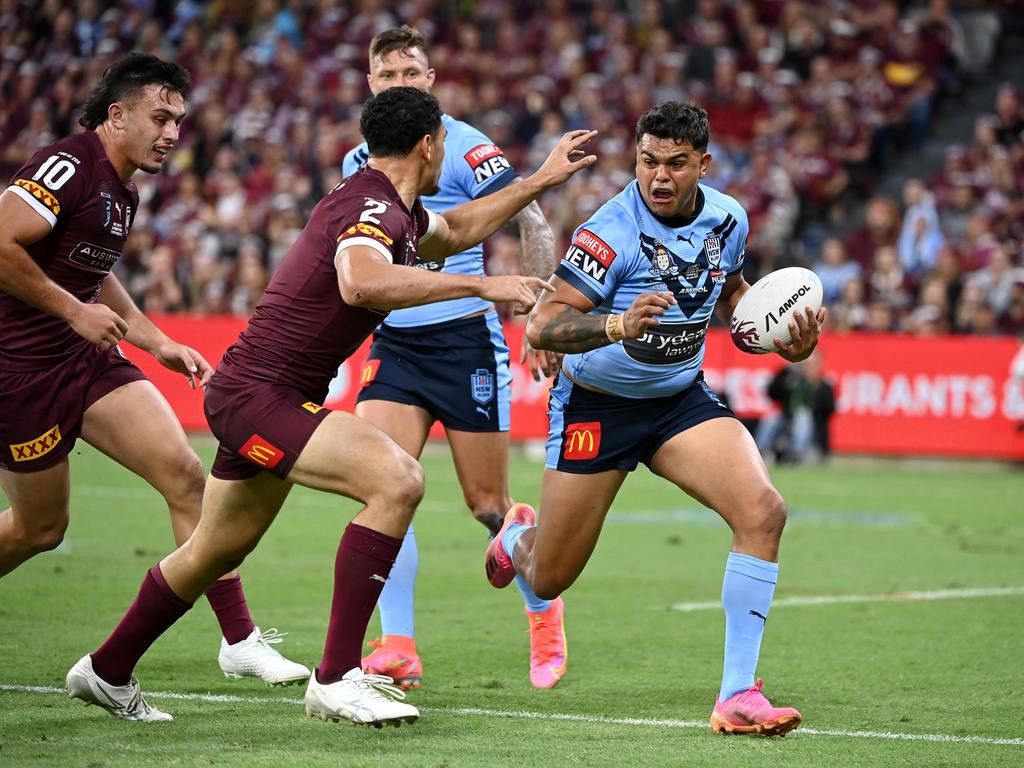 Latrell Mitchell made a mess of Queensland’s defence. Picture: Grant Trouville/NRL Photos