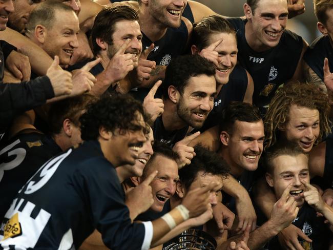 Geelong players celebrate the win. Picture: Wayne Ludbey