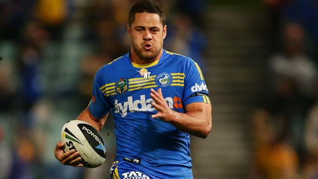 Jarryd Hayne races away to score a try for the Parramatta Eels in 2014.