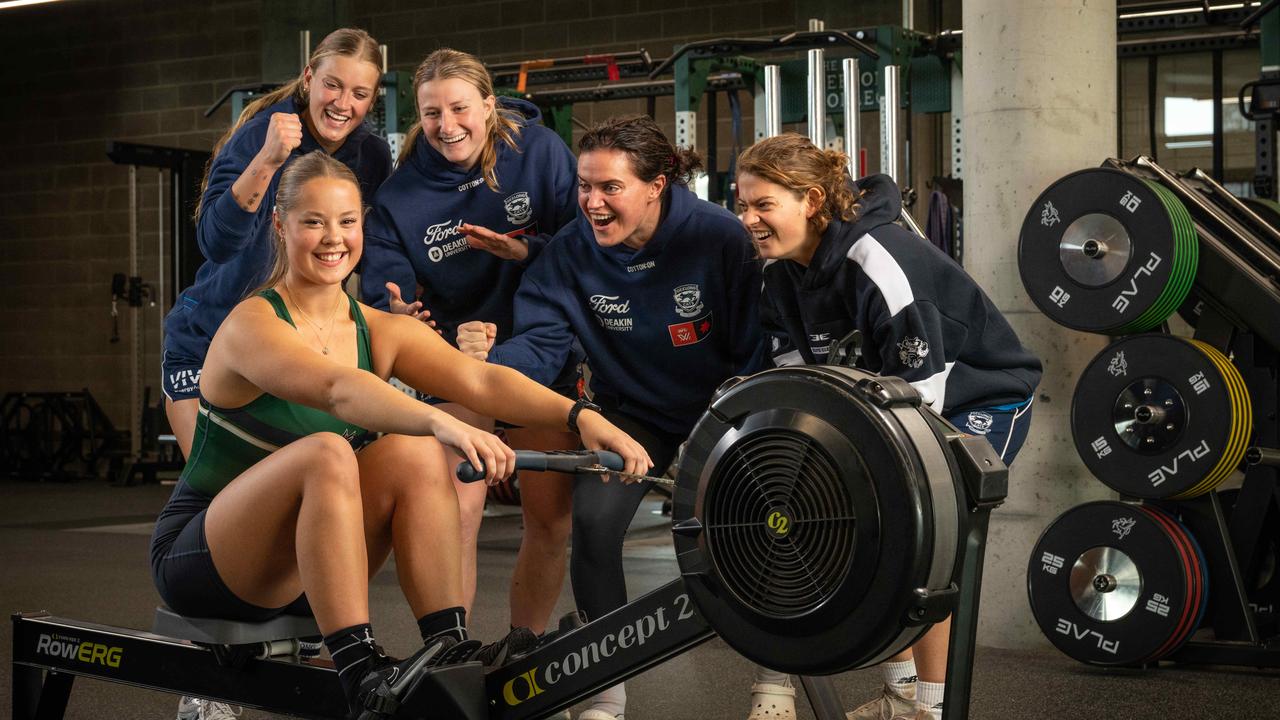 Geelong College student Mackenzie Pugh is being supported by AFLW players Alexis Gregor, Chantal Mason, Meghan McDonald and Nina Morrison. Picture: Brad Fleet