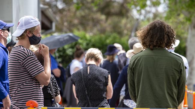 People queue for Covid tests in Shepparton amid the outbreak there. Picture: NCA NewsWire / Sarah Matray