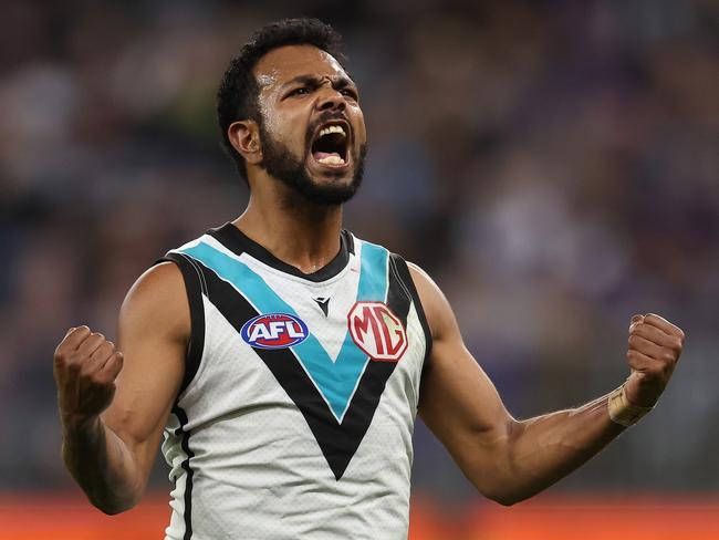 PERTH, AUSTRALIA - AUGUST 25: Willie Rioli of the Power celebrates after scoring a goal during the 2024 AFL Round 24 match between the Fremantle Dockers and the Port Adelaide Power at Optus Stadium on August 25, 2024 in Perth, Australia. (Photo by Will Russell/AFL Photos via Getty Images)