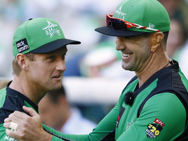 Melbourne Stars captain Cameron White &amp; Kevin Pietersen. Picture: Wayne Ludbey.