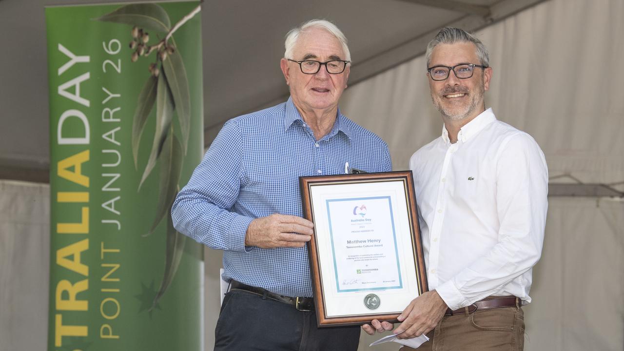 TRC Mayor Paul Antonio and Toowoomba Cultural Award winner Matthew Henry. Australia Day celebrations at Picnic Point in Toowoomba. Thursday, January 26, 2023. Picture: Nev Madsen.