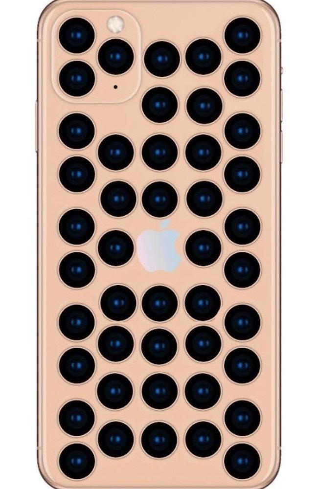 A digitally altered image of a new iPhone 11 with many, many holes.