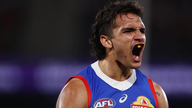 MELBOURNE, AUSTRALIA - July 21, 2023. AFL . Bulldog Jamarra Ugle-Hagan celebrates a 2nd quarter goal during the round 19 match between Essendon and Western Bulldogs at Marvel Stadium on July 21, 2023, in Melbourne, Australia. Photo by Michael Klein.