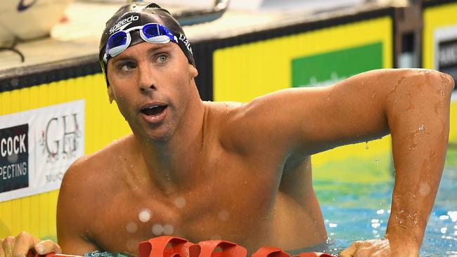 ADELAIDE, AUSTRALIA - APRIL 08: Grant Hackett of Australia catches his breath after competing in the Men's 200 Metre Freestyle during day two of the 2016 Australian Swimming Championships at the South Australia Aquatic Centre on April 8, 2016 in Adelaide, Australia. (Photo by Quinn Rooney/Getty Images)