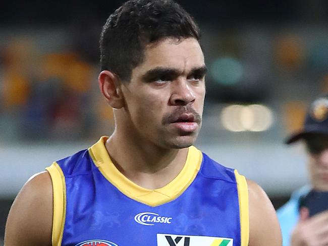 BRISBANE, AUSTRALIA - AUGUST 08: Charlie Cameron of the Lions has an iced knee after the round 11 AFL match between the Brisbane Lions and the Western Bulldogs at The Gabba on August 08, 2020 in Brisbane, Australia. (Photo by Jono Searle/AFL Photos/via Getty Images)