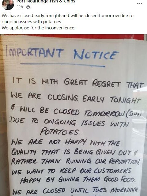 Port Noarlunga Fish and Chips shop has closed due to poor quality potatoes . Picture: Facebook