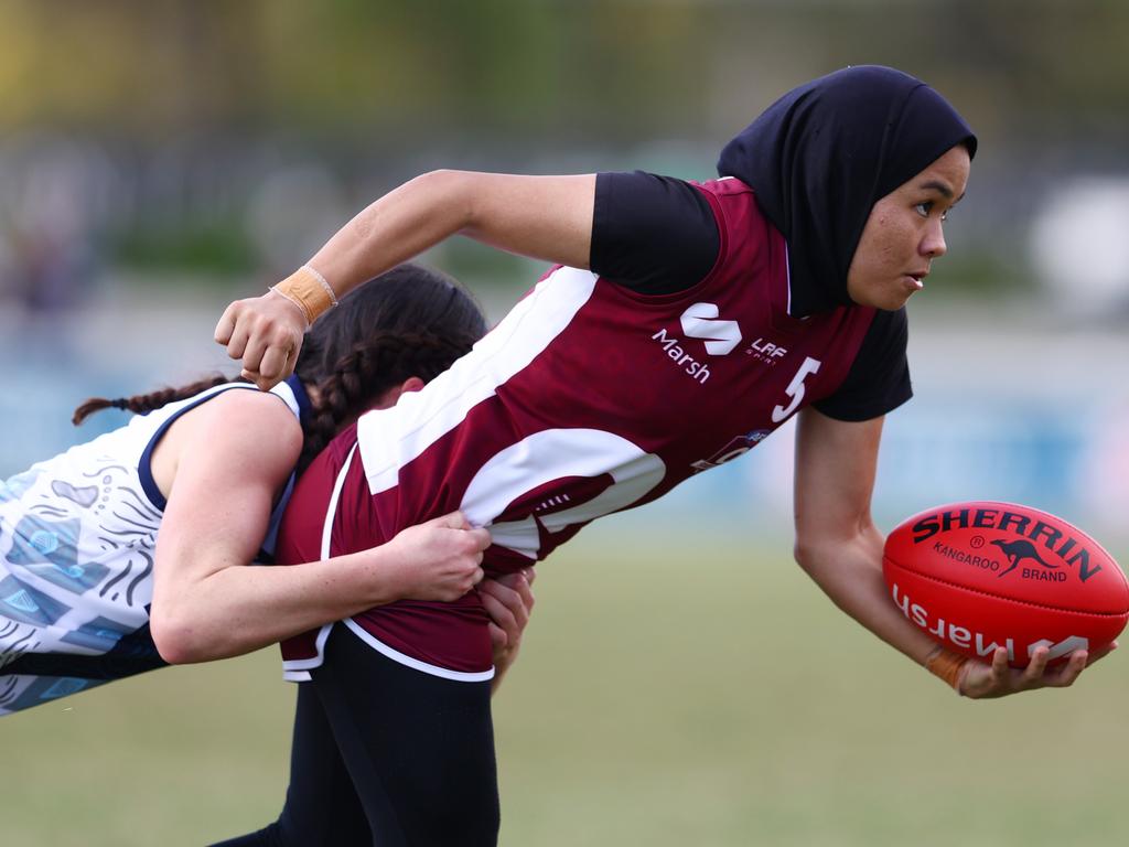 Young gun Zimra Hussain in her Queensland threads at the under-18 national championships this year. Picture: Chris Hyde/AFL Photos/via Getty Images.