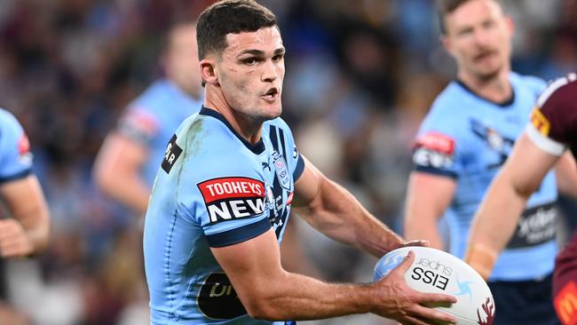 BRISBANE, AUSTRALIA - JUNE 27: Nathan Cleary of the Blues runs the ball during game two of the 2021 State of Origin series between the Queensland Maroons and the New South Wales Blues at Suncorp Stadium on June 27, 2021 in Brisbane, Australia. (Photo by Bradley Kanaris/Getty Images)