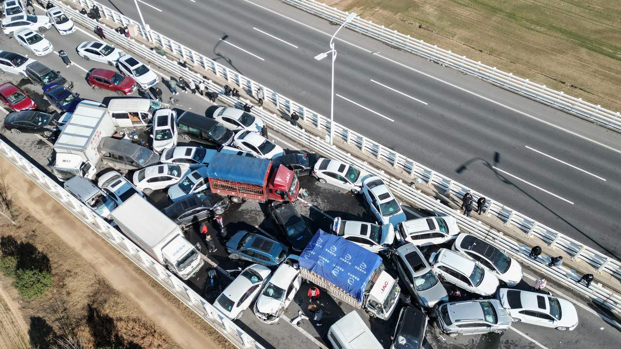 A multi-vehicle collision on Zhengxin Yellow River Bridge in Zhengzhou, in China's central Henan province. Picture: AFP