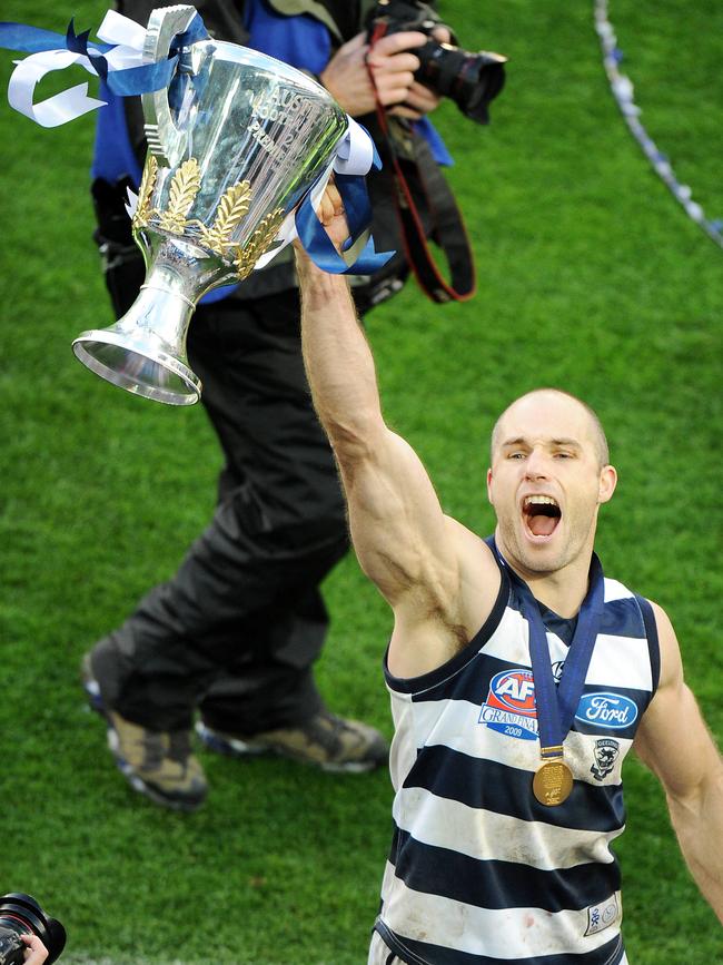 Tom Harley, pictured after Geelong’s 2009 grand final victory, has been named as captain of St Peter’s. Picture: George Salpigtidis.