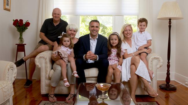 SA Labor leader Peter Malinauskas with his wife Annabel and their children Jack, Sophie and Eliza his parents Peter and Kate Malinauskas. Picture: Kelly Barnes