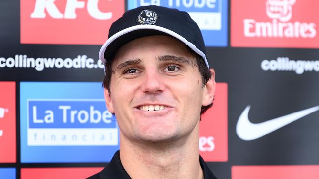 MELBOURNE, AUSTRALIA - DECEMBER 04: Lachie Schultz of the Magpies talks to the media during a Collingwood Magpies training session at Victoria Park on December 04, 2023 in Melbourne, Australia. (Photo by Quinn Rooney/Getty Images)