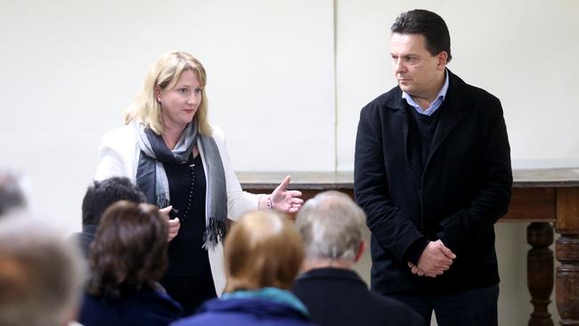 Nick Xenophon, right, with candidate for Mayo Rebekha Sharkie at the Aldgate Valley community hall. Pic: Kelly Barnes/The Australian