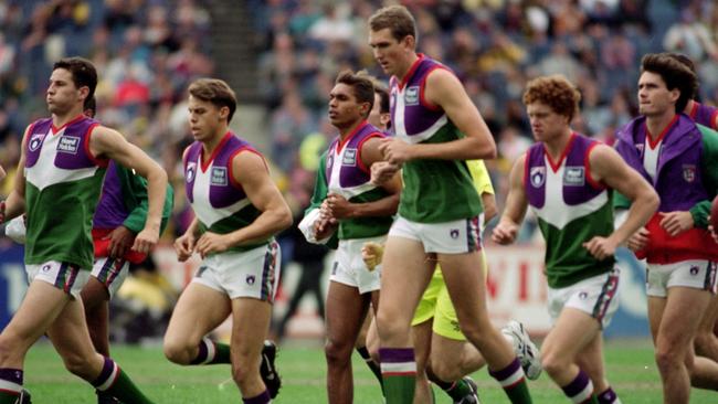 Chris Groom (left) with Brendan Krummel, Matthew Burton, Tony Delaney and Peter Mann in Fremantle’s first match. Picture: Matthew Bouwmeester.