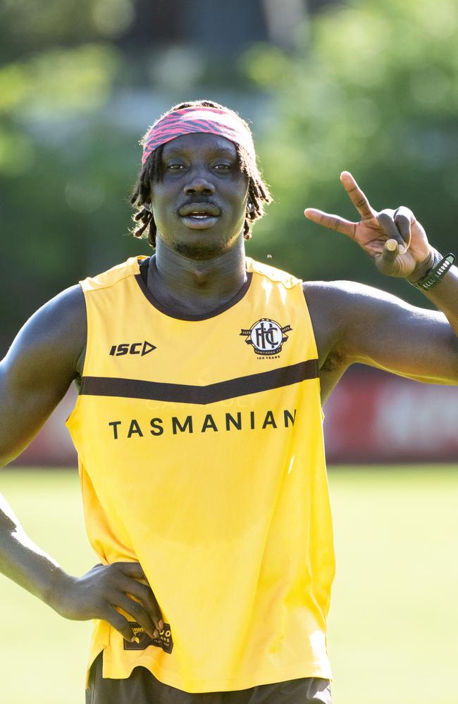 Mabior Chol will likely lead Hawthorn’s key forward attack to start the 2025 campaign, with Calsher Dear and Mitch Lewis to eventually join him. Picture: Tony Gough