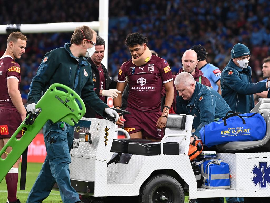 Selwyn Cobbo was knocked out in the Origin decider. Picture: Bradley Kanaris/Getty