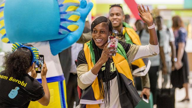 Jamaican Olympic 100m and 200m champion Elaine Thompson arrives at Brisbane Airport. Picture: Jerad Williams