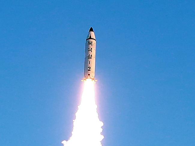 The launch of a surface-to-surface medium long-range ballistic missile Pukguksong-2 at an undisclosed location in North Korea. Picture: AFP