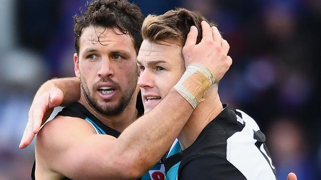 Travis Boak and Robbie Gray celebrate a goal for Port Adelaide. Picture: Getty Images