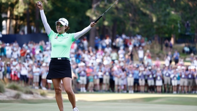 Minjee Lee celebrating after sinking the final putt on the 18th green winning her second major. Picture: Jared C. Tilton/Getty Images