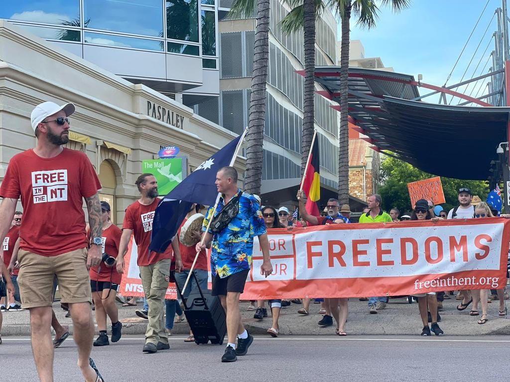 Protesters at the freedom rally in Darwin CBD on October 30, 2021. Picture: Amanda Parkinson