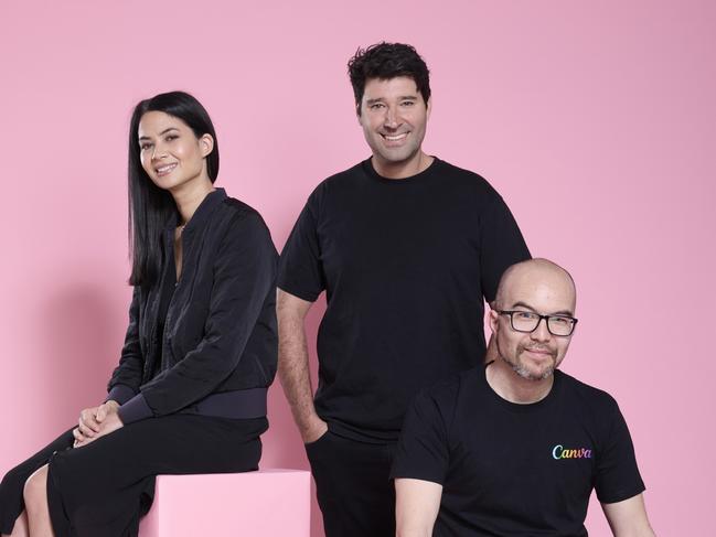 EMBARGO FOR TWAM 14 OCT 2023. FEE MAY APPLY. August 25, 2023: CANVA founders Melanie Perkins, Cliff Obrecht and Cameron Adams. Nic Walker/TWAM