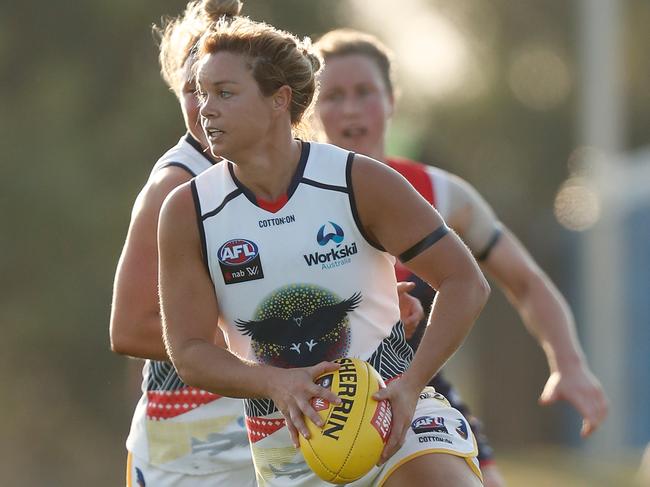 MELBOURNE, AUSTRALIA - MARCH 16: Courtney Cramey of the Crows in action during the 2019 NAB AFLW Round 07 match between the Melbourne Demons and the Adelaide Crows at Casey Fields on March 16, 2019 in Melbourne, Australia. (Photo by Michael Willson/AFL Media)