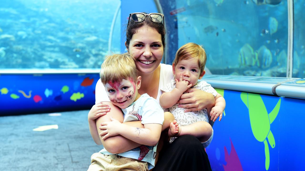 Reef HQ Aquarium's farewell party before they close for renovations. Karina Farrell with Archer 3 and Elliot 7m. Picture: Alix Sweeney