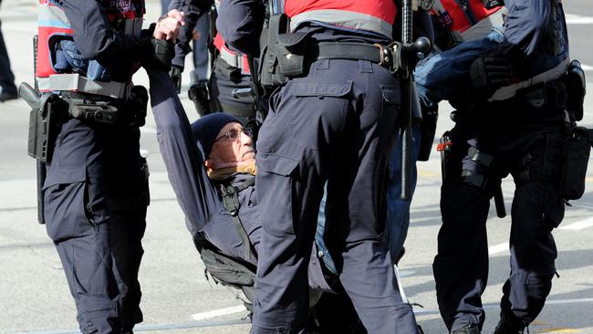 A man is hauled away by officers. Picture: Andrew Henshaw