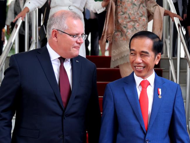 Prime Minister Scott Morrison and wife Jenny visit President Joko Widodo and First Lady Iriana Joko Widodo at the Presidential Palace before his inauguration on Sunday, October 20, 2019.