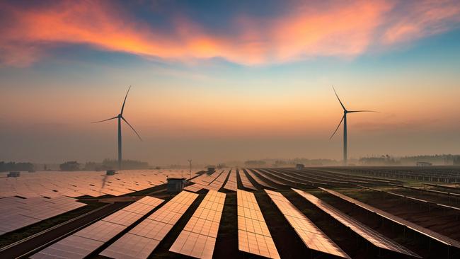 Solar power plants in the dusk of the evening.