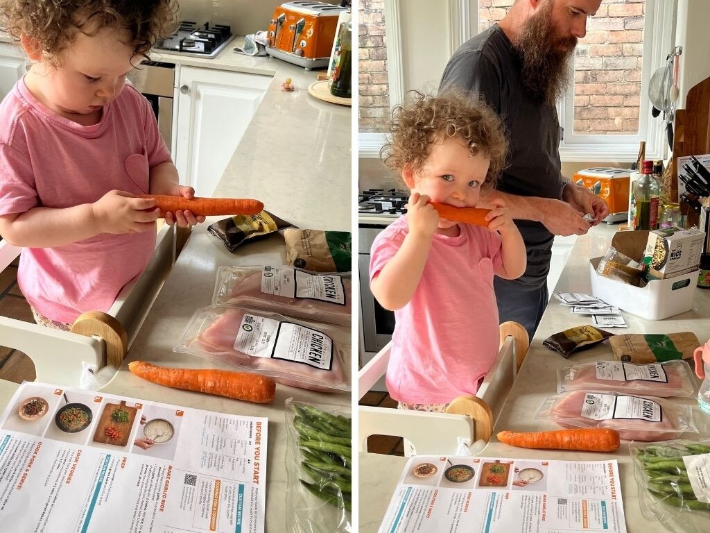 Not sure that's how you chop carrots? My partner and toddler cooked the sweet chilli pork stir-fry with garlic rice together. Picture: Supplied